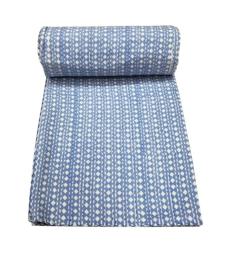 Edredón de algodón hecho a mano Kantha con estampado de bloques indio doble/queen Foto 1 de 4