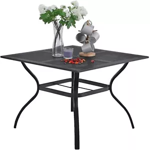Outdoor Dining Table with Umbrella Hole Metal Patio Table Square Black - Picture 1 of 9