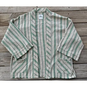 ZARA Kimono wm Small Beige Green Striped The Beth Rustic Summer Boho Beach Cover - Picture 1 of 9