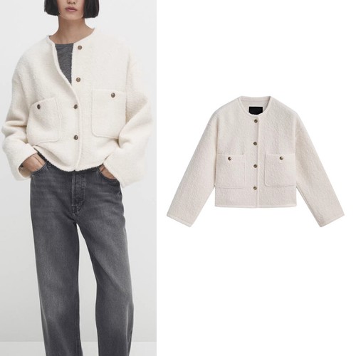 OFF WHITE Massimo Dutti Cappotto Corto Donna Singolo Piccolo Uomo con Polsino Texture Goccia