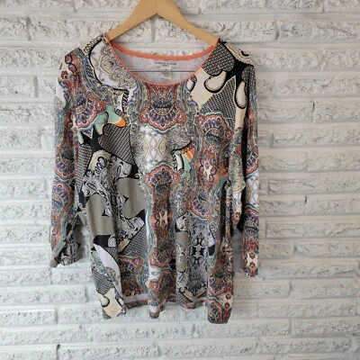 Rebecca Malone Womens Top 3X Plus 3/4 Sleeve Blue Orange Geometric Cotton Blend - Image 1 of 4