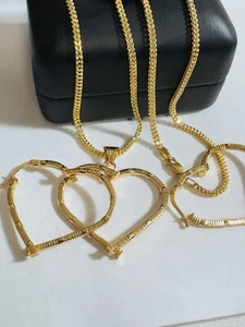 18K 750 Fine Real Gold 17.5”/18” long Heart Love Earring & Necklace 2.5mm 7.5g - Picture 1 of 24