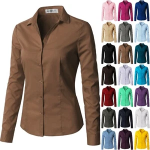Womens Basic Long Sleeve SLIM FIT Button Down Shirt V-Neck Collared 068 - Picture 1 of 105