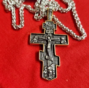 Russian Orthodox Crucifix Cross Pendant Necklace Stainless Steel Men Gift - Picture 1 of 9