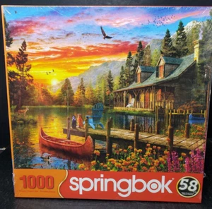 Springbok's 1000 Piece Jigsaw Puzzle Cabin Evening Sunset Made in USA 24" by 30" - Picture 1 of 10
