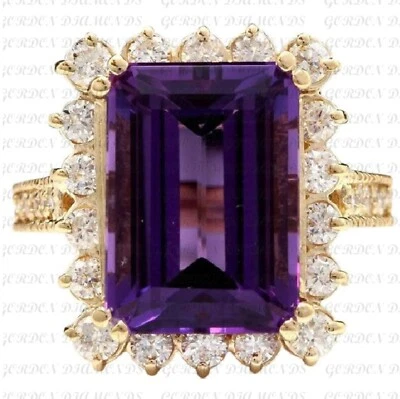 6.50ctEmerald Cut Natural Amethyst & Diamond Prong Ring 14K Yellow Gold Over - Image 1 of 4