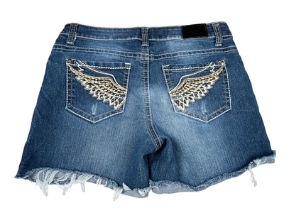 Pantalones Cortos de Denim Zco Jeans Mujer 13 Azul Adornado Bordado Cortes Alas de Ángel Foto 1 de 4
