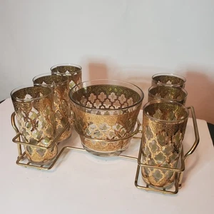 Culver 22k Juego de 6 Vasos y Carrito Valencia Highball Dorado y Verde MCM 1960s De Colección - Imagen 1 de 24