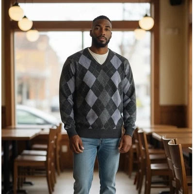 Neiman Marcus Men's Cashmere Argyle Sweater V-Neck Gray Blue, Large - Image 1 of 4