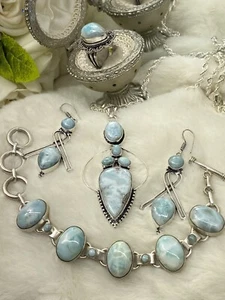💝925 Silver REAL Larimar Necklace, Earrings, Bracelet, Ring/8 - Picture 1 of 10