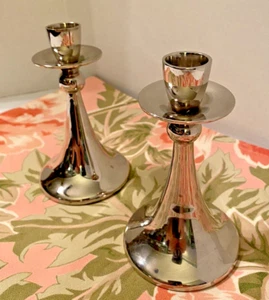CANDLE HOLDERS SILVER TONE NICKEL /CRATE & BARREL MID CENTURY 2 Sets Available - Picture 1 of 13