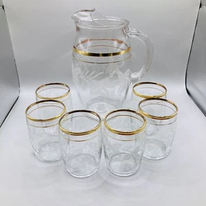 Bartlett Collins Trauben & Weinrebe Krug und 6 Gläser Saft Set geätzt Goldrand - Bild 1 von 7