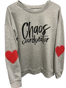 Ladies Size Small Chaos Coordinator Gray Sweatshirt With Hearts On Sleeves - Picture 1 of 15