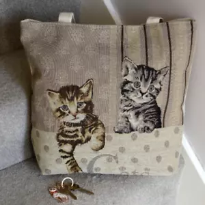 Cream Embroidered Canvas Penny Cat Kitten Shoulder Bag Handbag Shopper Gift Bags - Picture 1 of 7