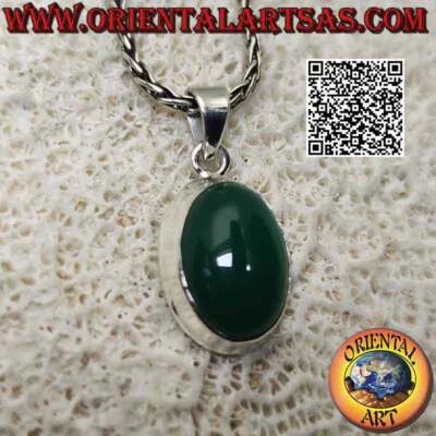 Ciondolo in argento 925 agata verde ovale cabochon su montatura liscia semplice - Immagine 1 di 3