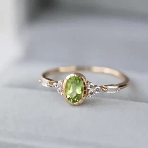 Oval Cut Natural Peridot Yellow Gold Plated On Silver Art Deco Engagement Ring - Picture 1 of 4