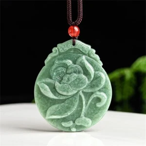 Natural Green Jadeite Carved Exquisite Lotus Flower Pendant Amulet Necklace Gift - Picture 1 of 9