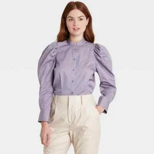 Blusa para mujer Prologue manga abullonada blanca púrpura cuello alto abotonada talla xs - Imagen 1 de 6