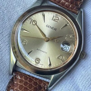 Wristwatch Geneve Swiss 25 Jewels Automatic Brown Belt Golden Color Swiss Made - Foto 1 di 10
