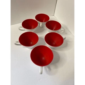 Vintage MCM Prolon Set Of Four Melamine Coffee Cups White Red Modern Tea Cup - Picture 1 of 5