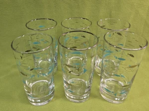 7 Libbey Mediterranean Atomic Fish Silver/Teal Vtg MCM Tumblers- 5.5 inches tall - Picture 1 of 10