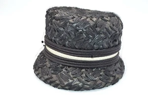 1950s Black Straw Netted White Satin Accented Union Made Cloche Hat - Picture 1 of 5