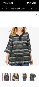 Women Within 4X 34/36 Tunika Nieten Ausschnitt Plissee Bluse schwarz geometrisches Muster transparent - Bild 1 von 12