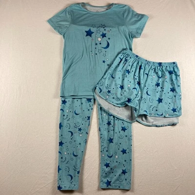 Pajamas Set Shirt Pants Shorts Girls 14-15Y Blue Stars Short Sleeve Top Stretch - Image 1 of 4