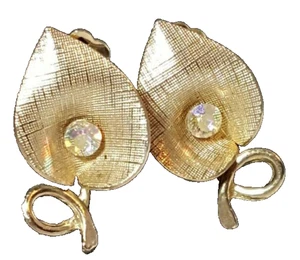 Leaf Clip-on Earrings 1.5" Rhinestone Textured Gold-tone Vintage Climbers  gc- - Picture 1 of 5