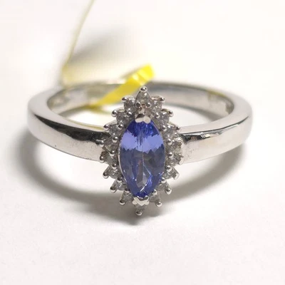 D'Joy Marquise Cut Tanzanite & Zircon Platinum Plated 925 Silver Ring Size 8 - Image 1 of 4