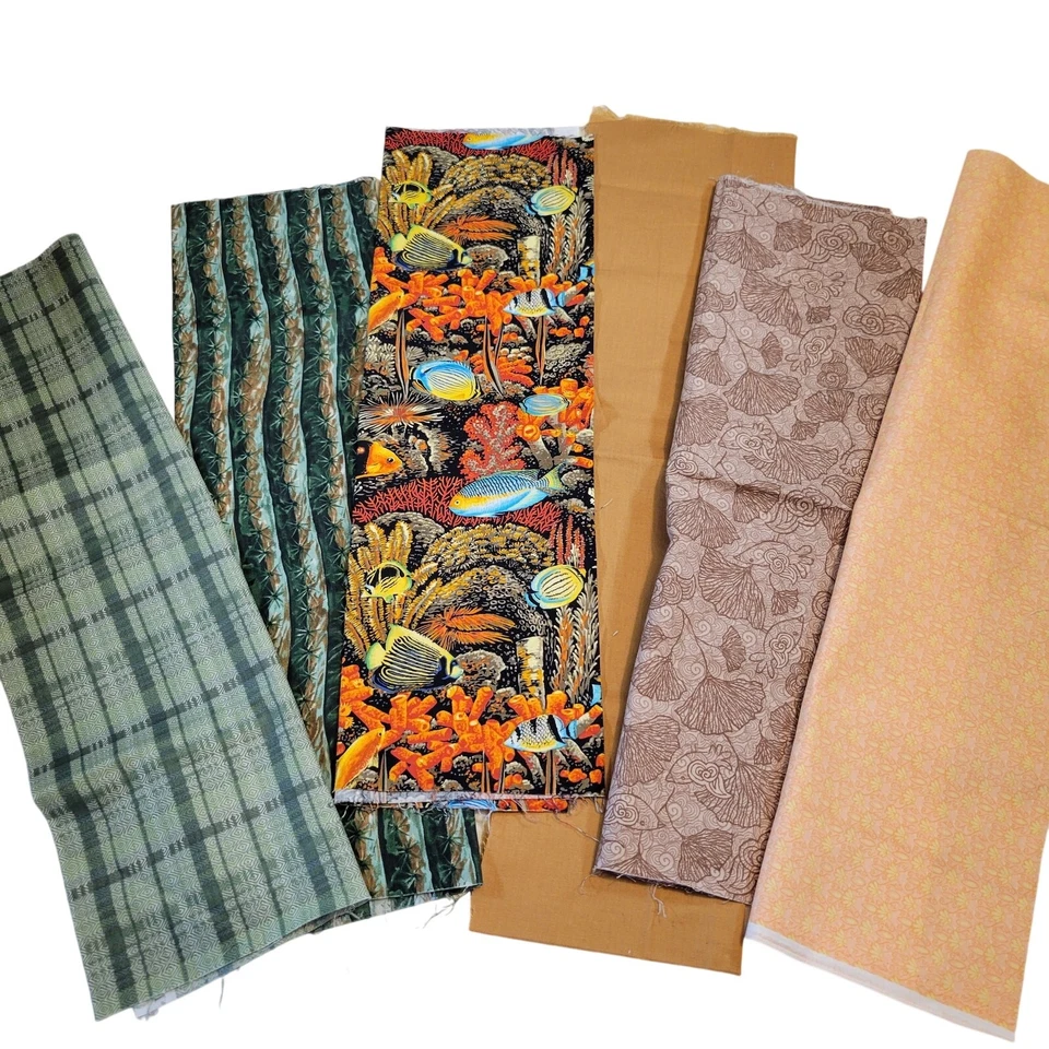 Cotton Fabric Lot 6 Fat Quarters Ocean Floral Plaid SSI Blank Quilting Crafts  - Image 1 of 4