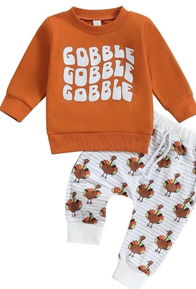 Conjunto Pulôver Moletom Gobble Manga Longa Dia de Ação de Graças Outono Infantil Tamanho 90/2T - Imagem 1 de 1