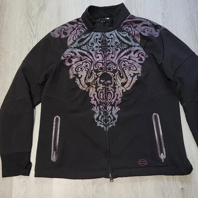 Harley Davidson Women Tribal Grundge Zip Up Softshell Fleece Jacket Sz XL Black  - Image 1 of 4