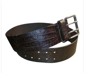 Banana Republic Wide Leather Belt Brown Crocodile Embossed Double Prong 40" Long - Picture 1 of 8