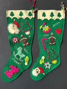 Wow! PAIR Vintage HANDMADE *1950 Jeweled Christmas STOCKINGS Santa Sequins FELT - Picture 1 of 19