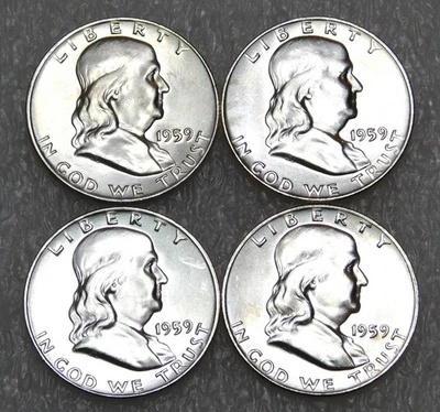 1959-D Franklin Silver Half Dollar BU Frosty White lot of 4 coins #H145 - Image 1 of 2