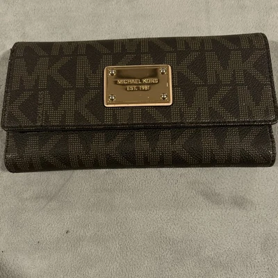 Michael Kors Coated Canvas Monogram Print Trifold Envelope Card Wallet Brown - Image 1 of 4