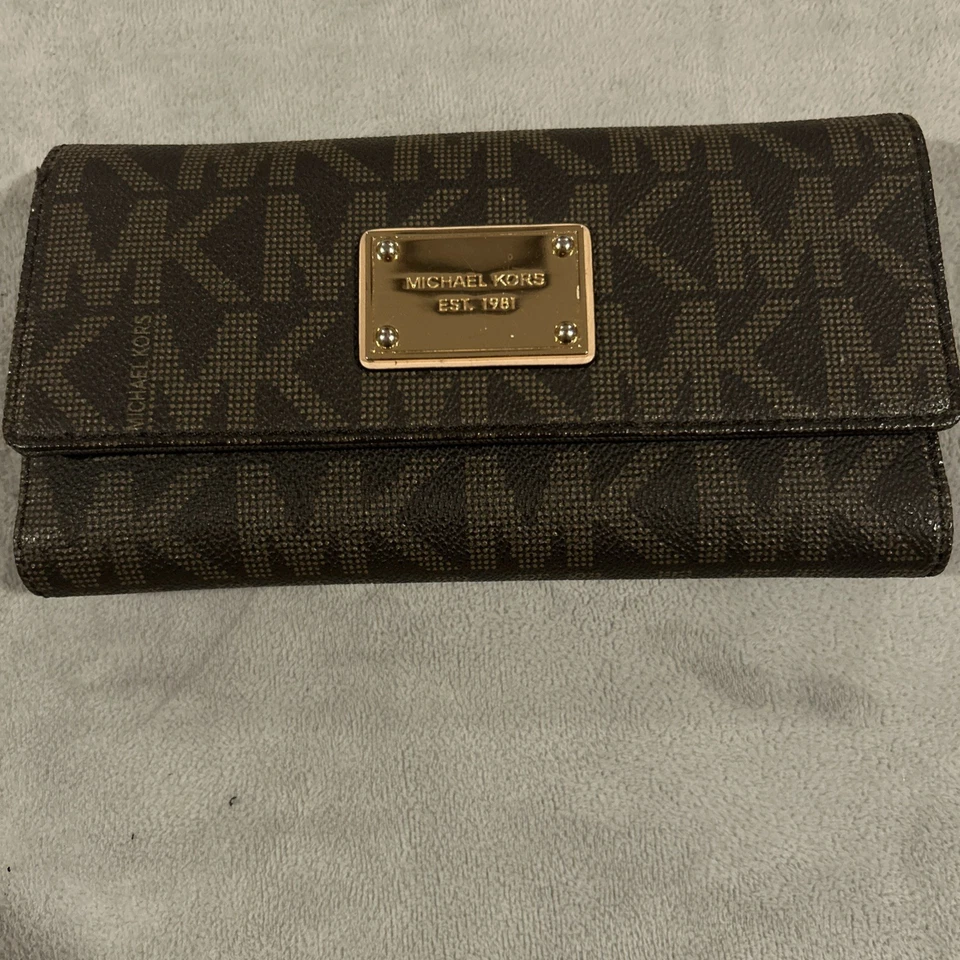 Michael Kors Coated Canvas Monogram Print Trifold Envelope Card Wallet Brown - Image 1 of 4