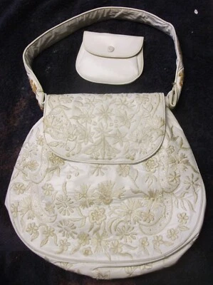 Rare Vintage Marheta white vinyl Embroidered Evening Bag with change purse- Rio - Image 1 of 4