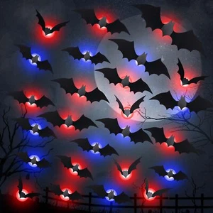 Halloween LED Bat Light Wall Decor, 36pcs 3D Stickers, 4 Sizes Waterproof - Picture 1 of 7