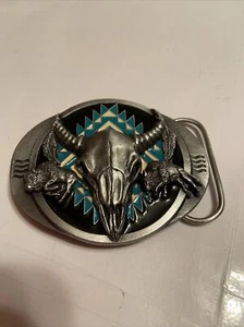 Creme & Türkis Farbe Büffel Totenkopf Vintage 1992 Siskiyou M-8 Gürtelschnalle - Bild 1 von 11