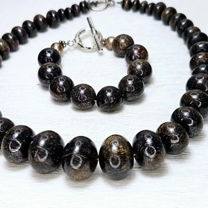Bronzit Armband Halskette dunkelbraun metallisch Glanz Edelstein Perle schwer - Bild 1 von 5