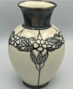 Vintage Zeh Scherzer Porcelain Gabbins & Schwarz Pure Silver 8" Vase - Signed - Picture 1 of 12