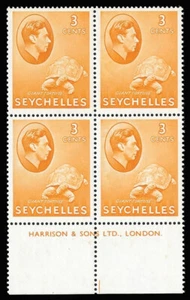 Seychelles 1942 KGVI 3c orange Imprint block superb MNH. SG 136a. - Picture 1 of 1
