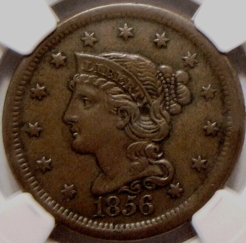 1856 SLANTED 5 BRAIDED HAIR LARGE CENT, EXCEPTIONAL CONDITION, NGC GRADED AU 55 Cover