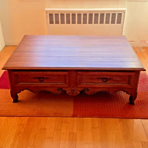 VINTAGE ETHAN ALLEN COUNTRY FRENCH BIRCH COFFEE TABLE, 4 DRAWERS, BORDEAUX, 2000 - Picture 1 of 20