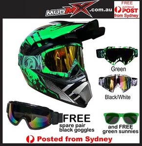 2025 Green Helmet/Goggles +FREE Goggles (MX BMX MOTOCROSS JNR/YOUTH/ADULT/KIDS) - Picture 1 of 14