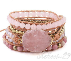 Natural Stone Rose Quartz Pink crystal Piece Beaded Leather Pink Wrap Bracelet
