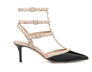 VALENTINO GARAVANI BLACK ROCKSTUD PATENT LEATHER STUDDED STRAPPY CAGE HEELS 35 - Picture 1 of 6