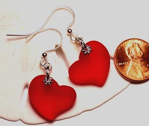 RED puffed HEARTS Cultured Sea glass Beach Glass Handmade custom earrings - Picture 1 of 5